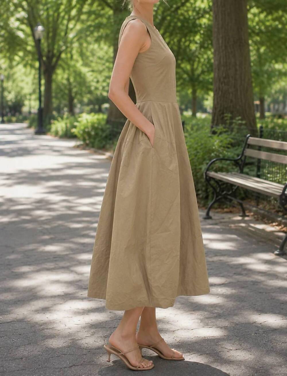 NEW PINCH solid wide midi dress in khaki - Picture 2 of 2